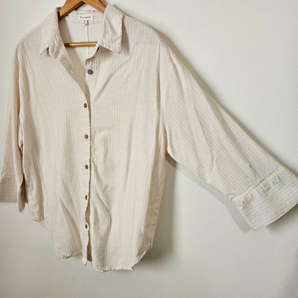 EUC BLU PEPPER PINSTRIPE LINEN BLEND BUTTON DOWN SHIRT TOP SIZE M - Picture 2 of 13